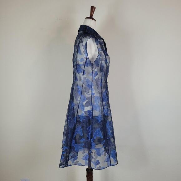 Kay Unger Dress 10 Blue Floral Sheer Button Front Overlay Midi Collared Party - Picture 3 of 9